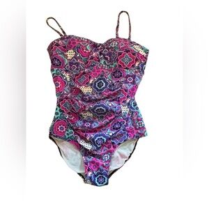 SPANX Assets Swimsuit Size XL Madison Floral Paisley Pink/Purple Blue Twist Top